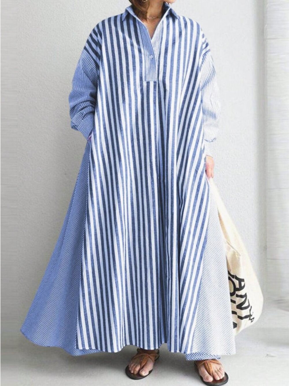Blue Modest Women's Plus Size Lapel Striped Long Sleeve Casual Shirt Dress - Picture 3 of 4